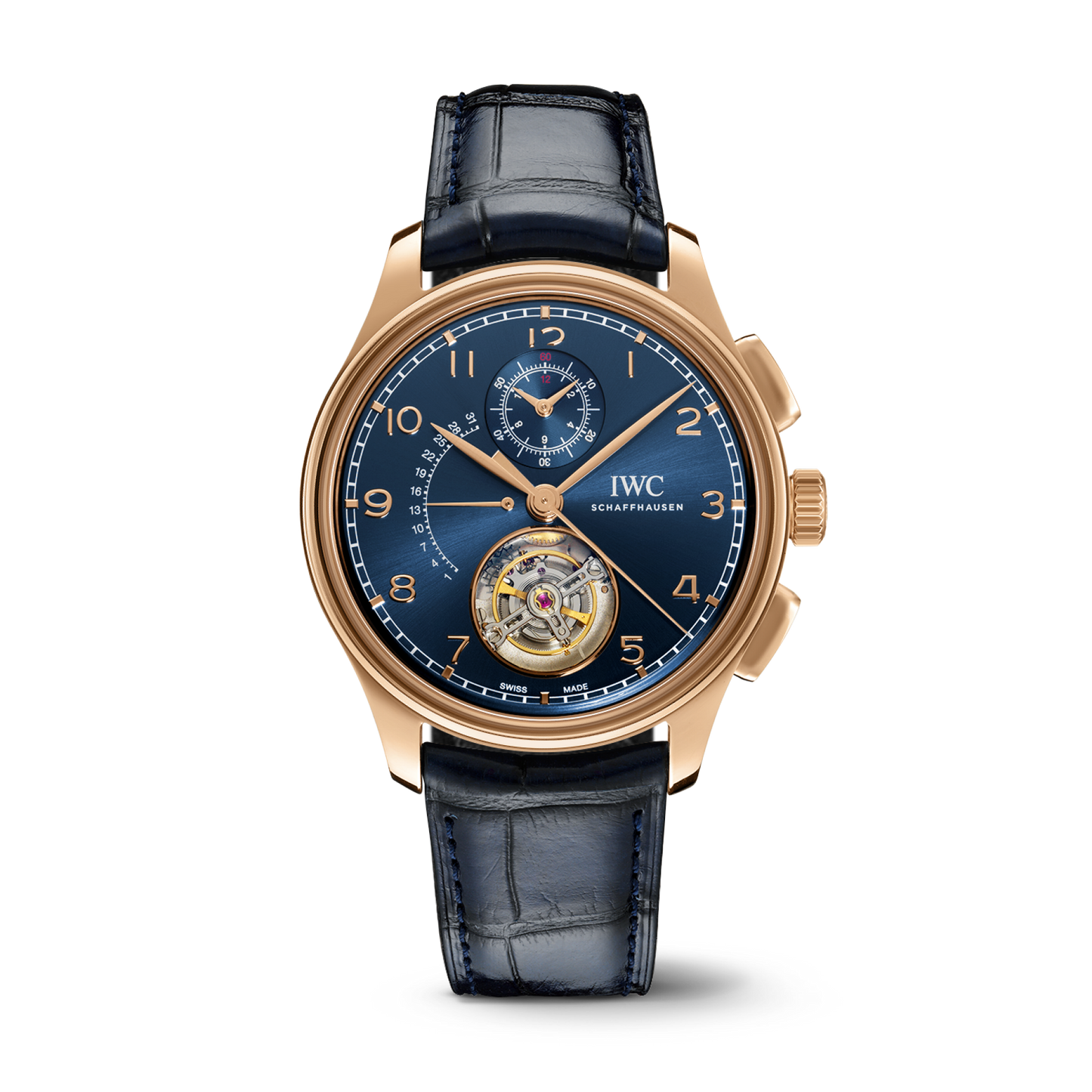 IWC Schaffhausen Portugieser Tourbillon Rétrograde Chronograph 43.5 mm Blue Dial 18k Armor Gold Blue Alligator Leather Strap IW394005