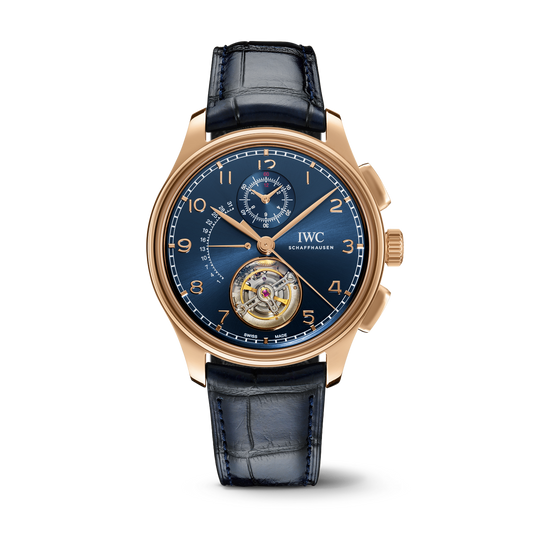 IWC Schaffhausen Portugieser Tourbillon Rétrograde Chronograph 43.5 mm Blue Dial 18k Armor Gold Blue Alligator Leather Strap IW394005