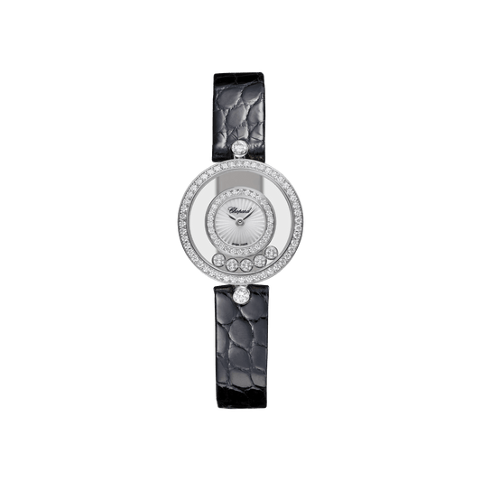 Chopard Happy Diamonds Icons 25.8 mm Guilloché Mother-Of-Pearl Dial with Diamonds 18K White Gold Alligator Leather Strap 203957-1214