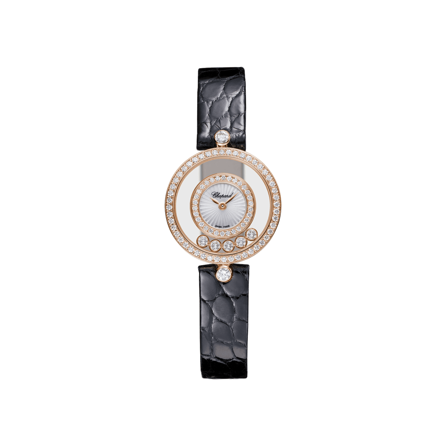 Chopard Happy Diamonds Icons 26 mm Guilloché Mother-Of-Pearl Dial with Diamonds 18k Rose Gold Alligator Leather Strap 203957-5214