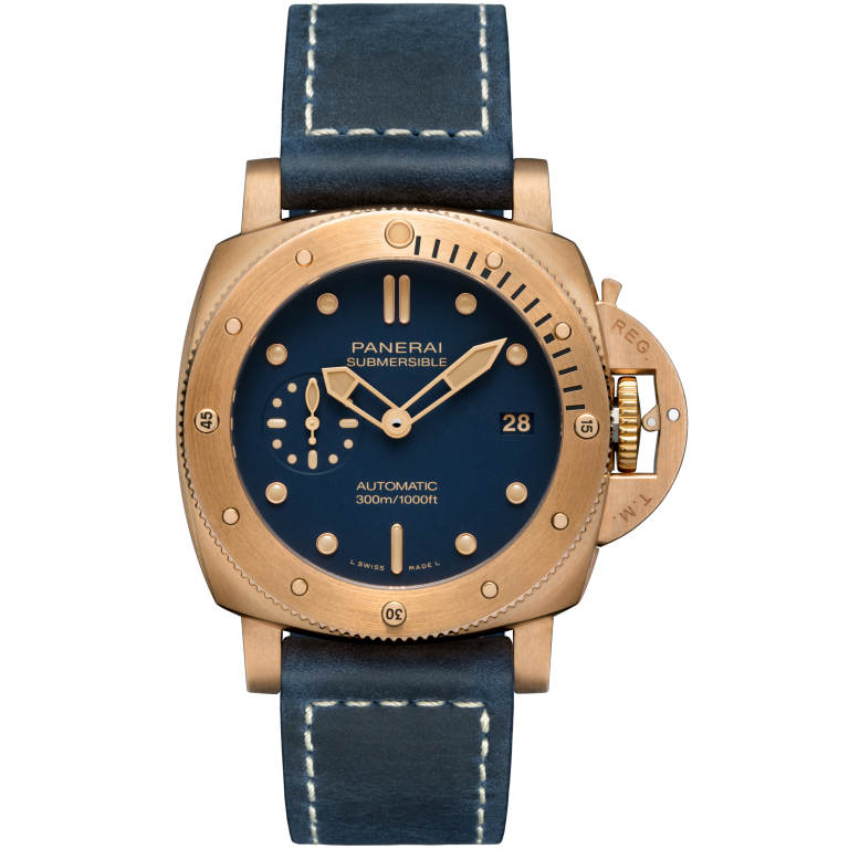 Panerai Submersible Bronzo 42 mm Blue Dial Brushed Bronze Vintage Scamosciato Dark Blue Strap PAM01074