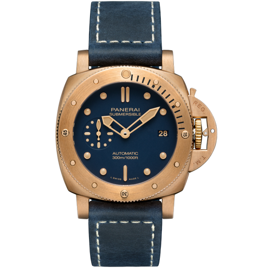 Panerai Submersible Bronzo 42 mm Blue Dial Brushed Bronze Vintage Scamosciato Dark Blue Strap PAM01074