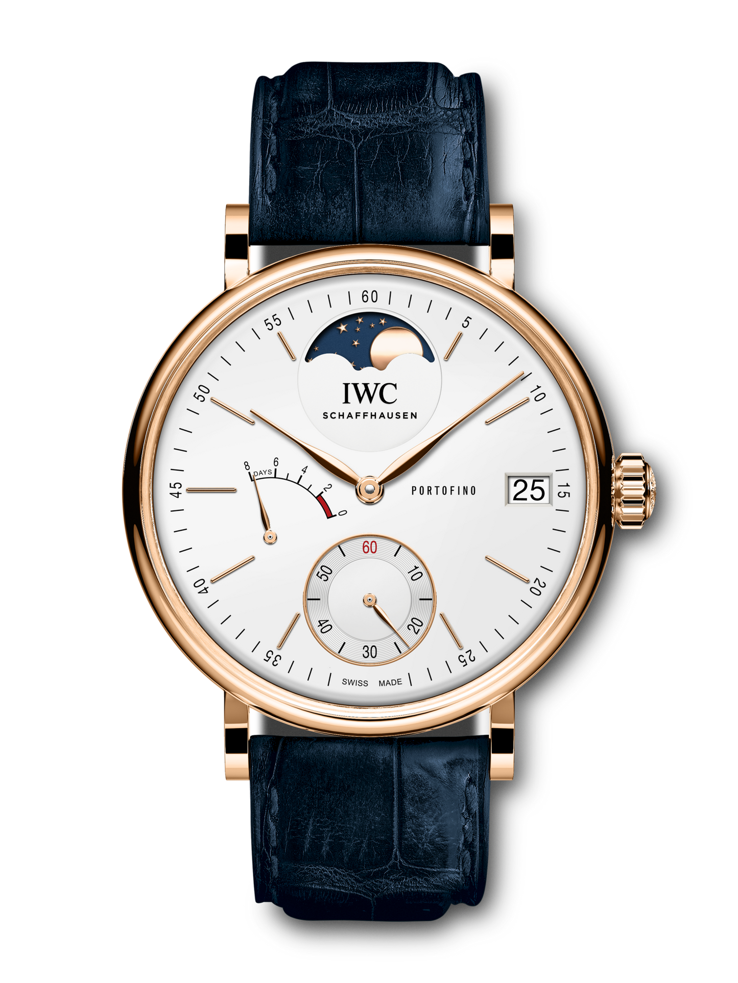 IWC Schaffhausen Portofino Hand-Wound Moon Phase 45 mm Silver  Dial 18 Kt 5N Gold Blue Alligator Leather Strap IW516409