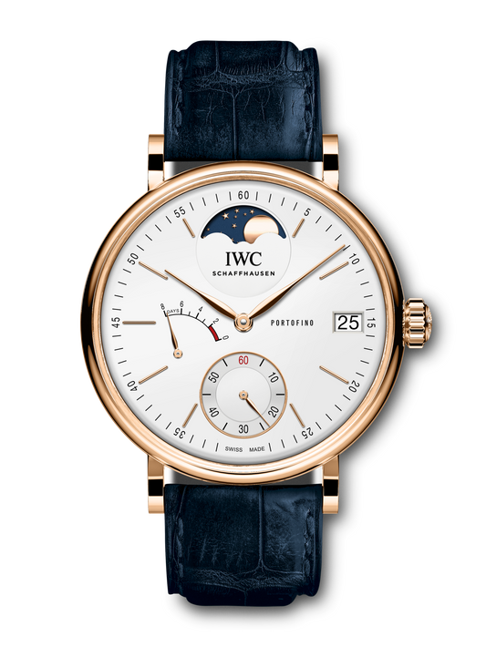 IWC Schaffhausen Portofino Hand-Wound Moon Phase 45 mm Silver  Dial 18 Kt 5N Gold Blue Alligator Leather Strap IW516409