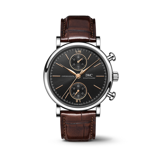 IWC Schaffhausen Portofino Chronograph 39 mm Black  Dial Stainless Steel Dark Brown Alligator Leather Strap IW391404