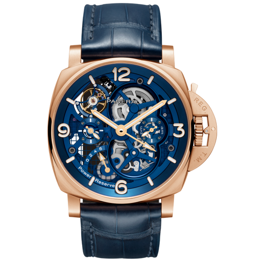 Panerai Luminor Tourbillon GMT 47 mm Transparent Dial Brushed Goldtech Alligator Dark Blue Leather Strap PAM01060