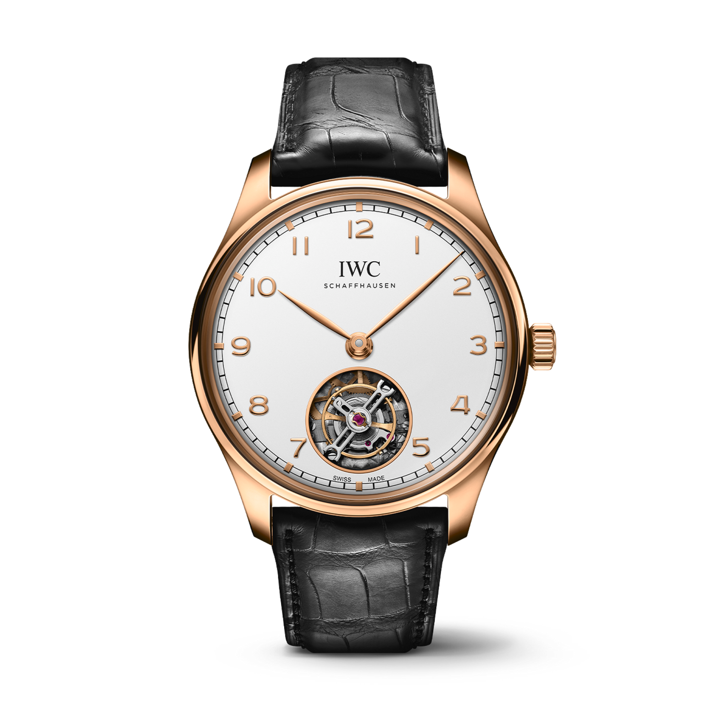 IWC Schaffhausen Portugieser Hand-Wound Tourbillon 42.4 mm Silver Dial 18k Armor Gold Black Alligator Leather Strap IW545801