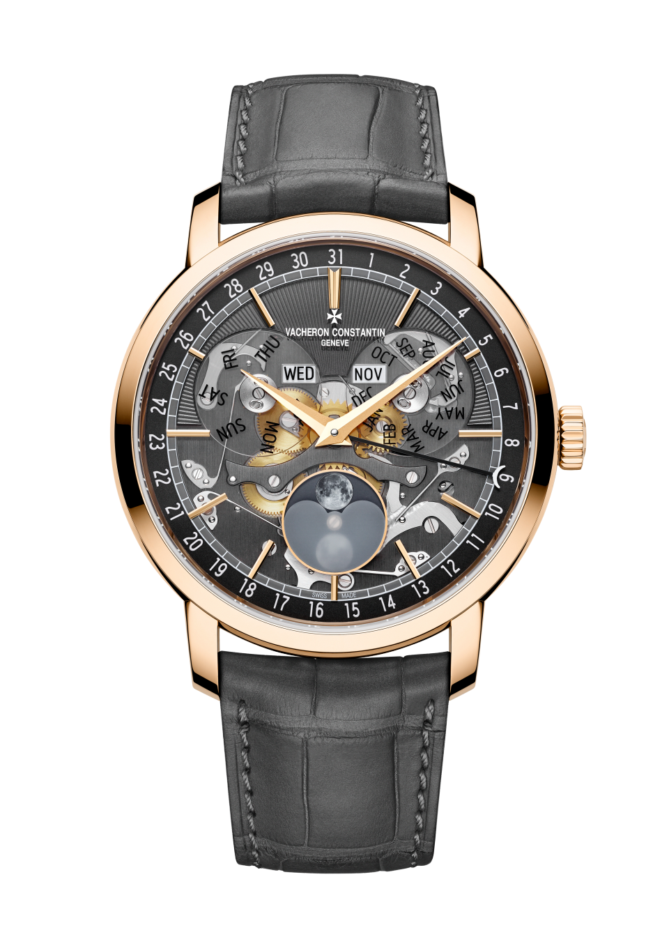 Vacheron Constantin Traditionnelle complete calendar openface 41 mm Black Dial 18K Pink Gold Alligator Leather Strap 4020T/000R-B654