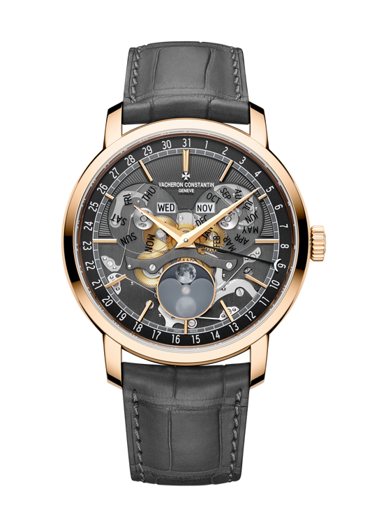 Vacheron Constantin Traditionnelle complete calendar openface 41 mm Black Dial 18K Pink Gold Alligator Leather Strap 4020T/000R-B654