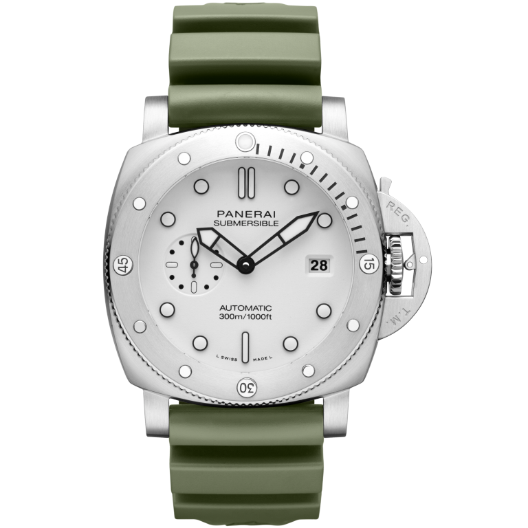 Panerai Submersible QuarantaQuattro 44 mm White Dial Brushed Steel Caoutchouc Military Green Strap PAM01226