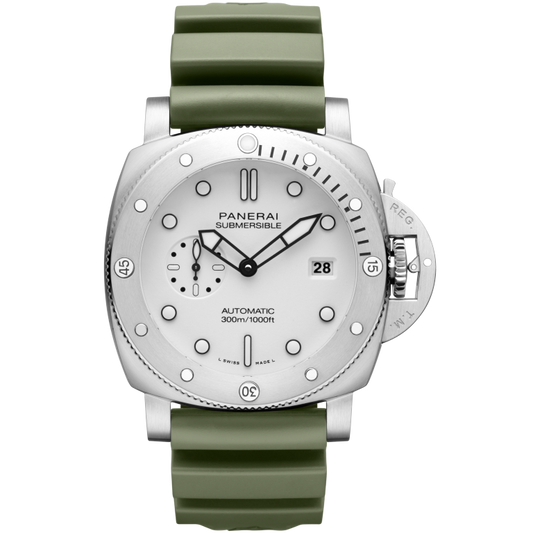 Panerai Submersible QuarantaQuattro 44 mm White Dial Brushed Steel Caoutchouc Military Green Strap PAM01226