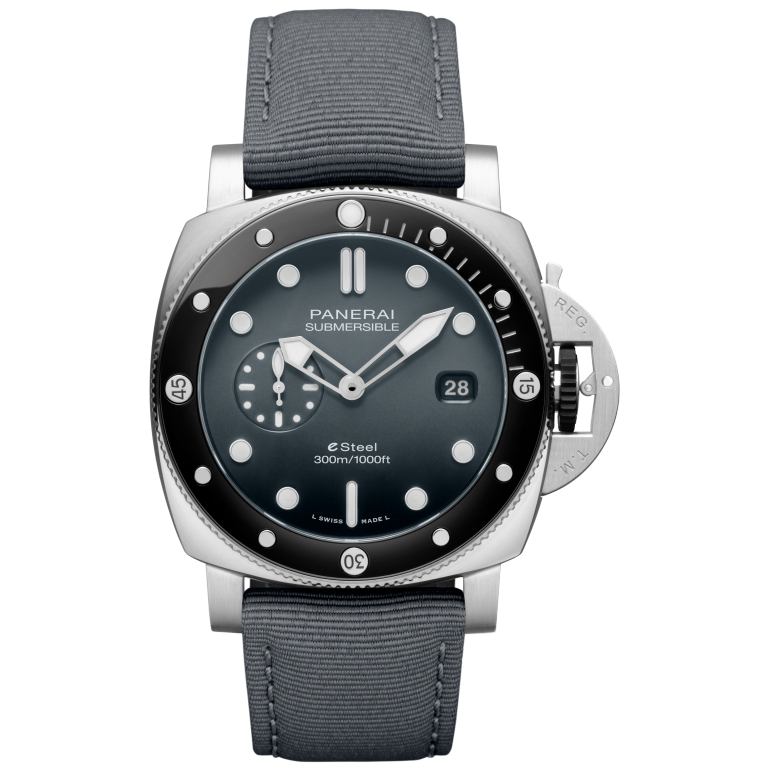 Panerai Submersible QuarantaQuattro Grigio Roccia 44 mm Black Dial Brushed Steel Recycled PET Grey Strap PAM01288