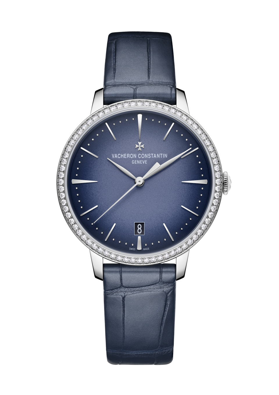 Vacheron Constantin Patrimony self-winding 36.5 mm Blue Dial with Diamonds White Gold Alligator Leather Strap 4115U/000G-B908