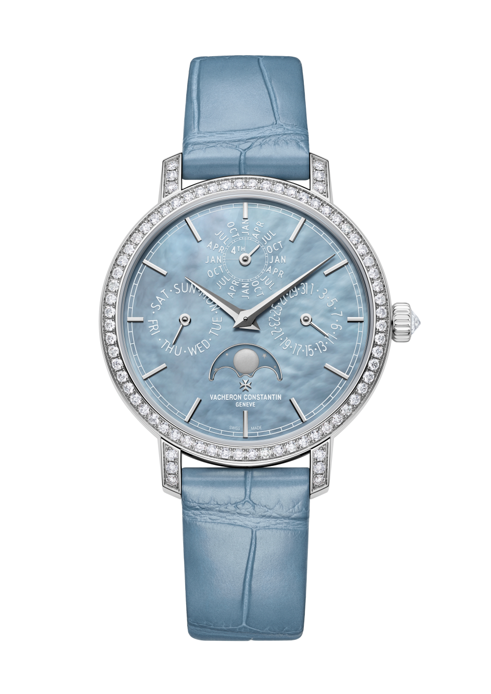 Vacheron Constantin Traditionnelle perpetual calendar ultra-thin 36.5 mm Light Blue Dial with Diamonds White Gold Alligator Leather Strap 4305T/000G-B948