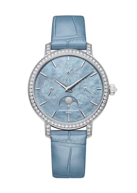 Vacheron Constantin Traditionnelle perpetual calendar ultra-thin 36.5 mm Light Blue Dial with Diamonds White Gold Alligator Leather Strap 4305T/000G-B948