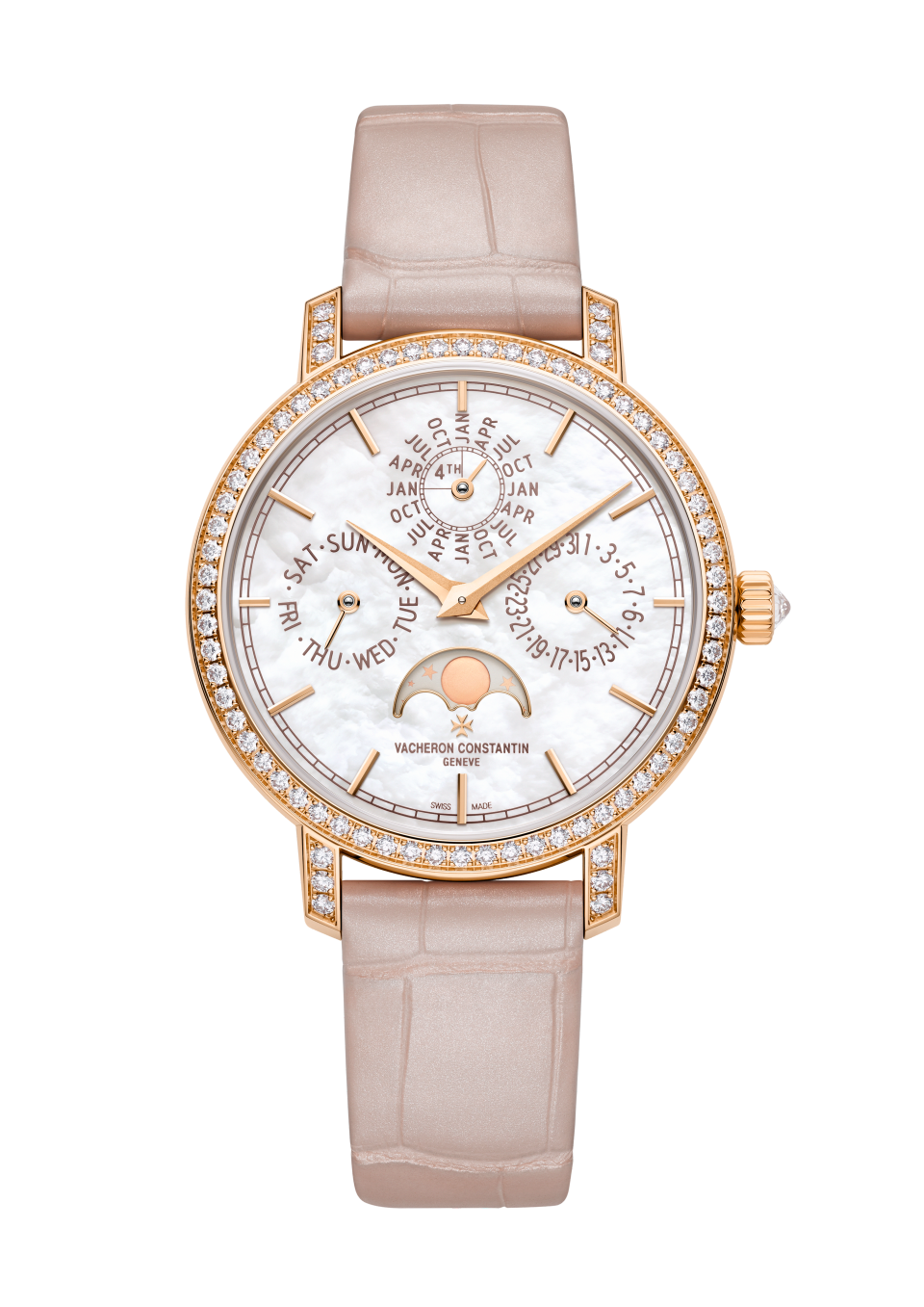 Vacheron Constantin Traditionnelle perpetual calendar ultra-thin 36.5 mm White Mother-Of-Pearl Dial with Diamonds 18K Pink Gold Alligator Leather Strap 4305T/000R-B947