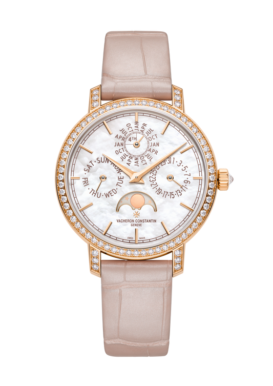 Vacheron Constantin Traditionnelle perpetual calendar ultra-thin 36.5 mm White Mother-Of-Pearl Dial with Diamonds 18K Pink Gold Alligator Leather Strap 4305T/000R-B947