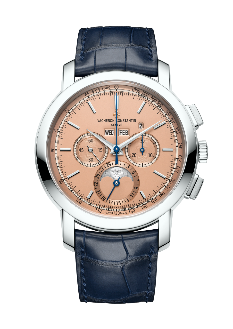 Vacheron Constantin Traditionnelle perpetual calendar chronograph 43 mm Salmon-Coloured Dial Platinum Alligator Leather Strap 5000T/000P-B975