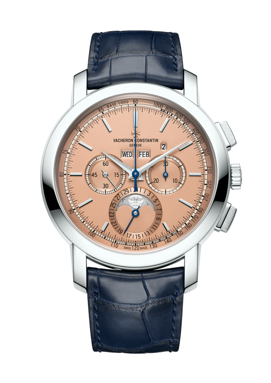 Vacheron Constantin Traditionnelle perpetual calendar chronograph 43 mm Salmon-Coloured Dial Platinum Alligator Leather Strap 5000T/000P-B975