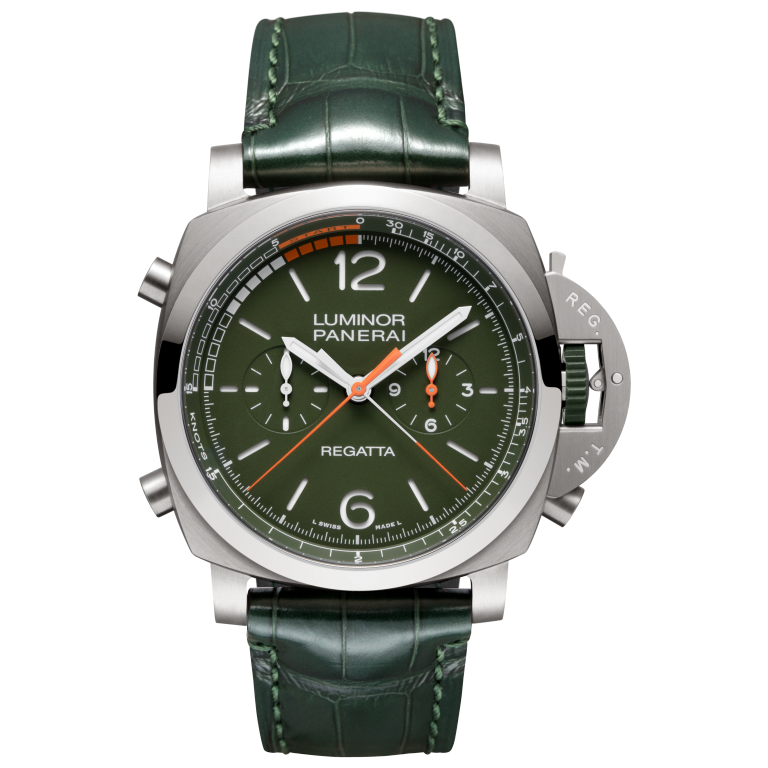 Panerai Luminor Regatta Chrono Flyback 47 mm Military Green Dial Brushed Titanium Alligator Semi-Mat Military Green Leather Strap PAM01299