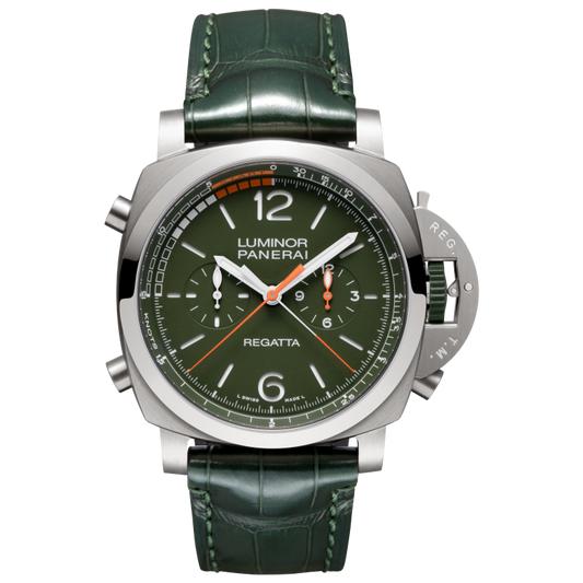 Panerai Luminor Regatta Chrono Flyback 47 mm Military Green Dial Brushed Titanium Alligator Semi-Mat Military Green Leather Strap PAM01299