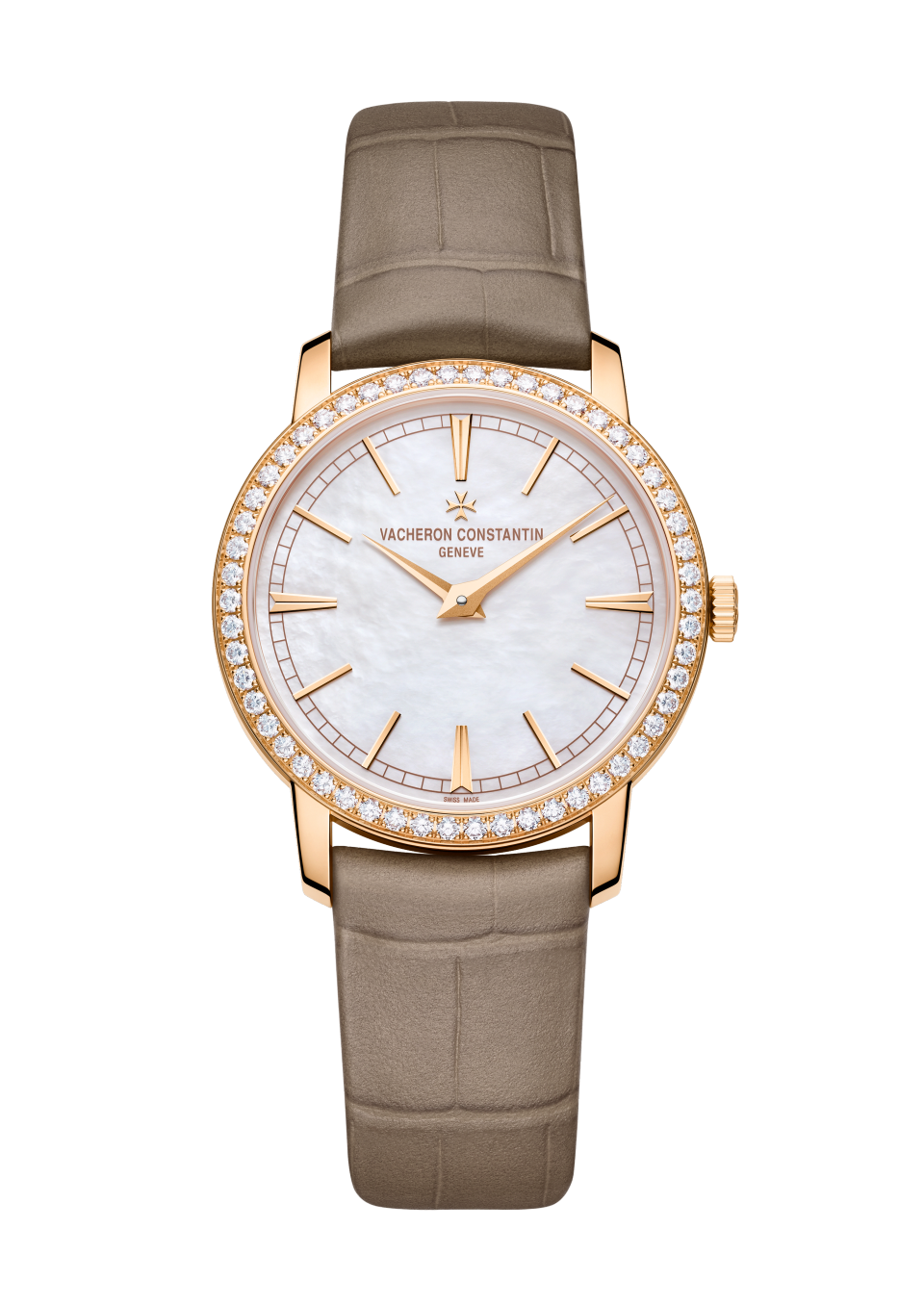 Vacheron Constantin Traditionnelle manual-winding 33 mm White Mother-Of-Pearl Dial with Diamonds 18K Pink Gold Alligator Leather Strap 1405T/000R-B636