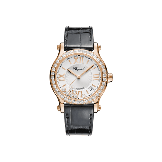 Chopard Happy Sport 36 mm Silver Dial with Diamonds 18k Rose Gold Alligator Leather Strap 274808-5003