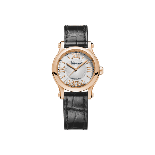 Chopard Happy Sport 30 mm Silver Dial with Diamonds 18k Rose Gold Alligator Leather Strap 274893-5011