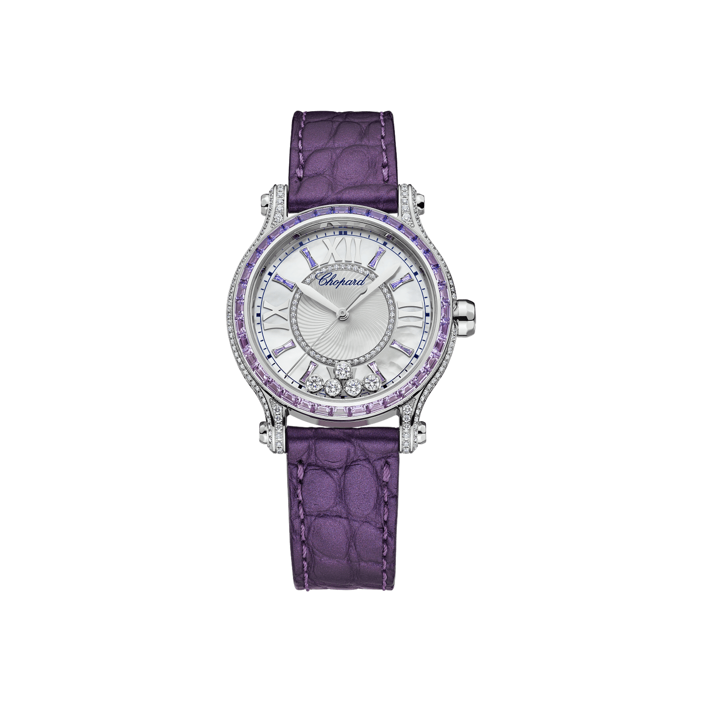 Chopard Happy Sport 33 mm Textured Mother-Of-Pearl Dial with Diamonds 18K White Gold Alligator Leather Strap 275378-1002