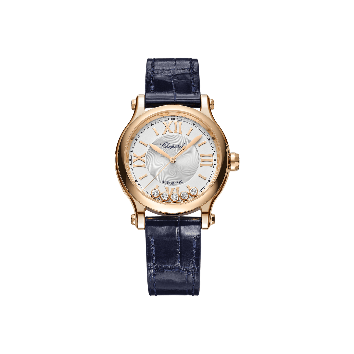 Chopard Happy Sport 33 mm Silver Dial with Diamonds 18k Rose Gold Alligator Leather Strap 275378-5001