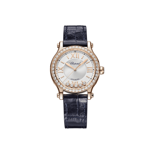 Chopard Happy Sport 33 mm Silver Dial with Diamonds 18k Rose Gold Alligator Leather Strap 275378-5003