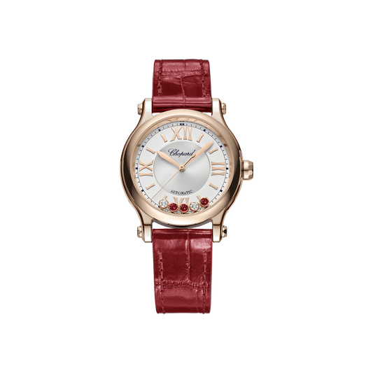 Chopard Happy Sport 33 mm Silver Dial with Diamonds 18k Rose Gold Alligator Leather Strap 275378-5011