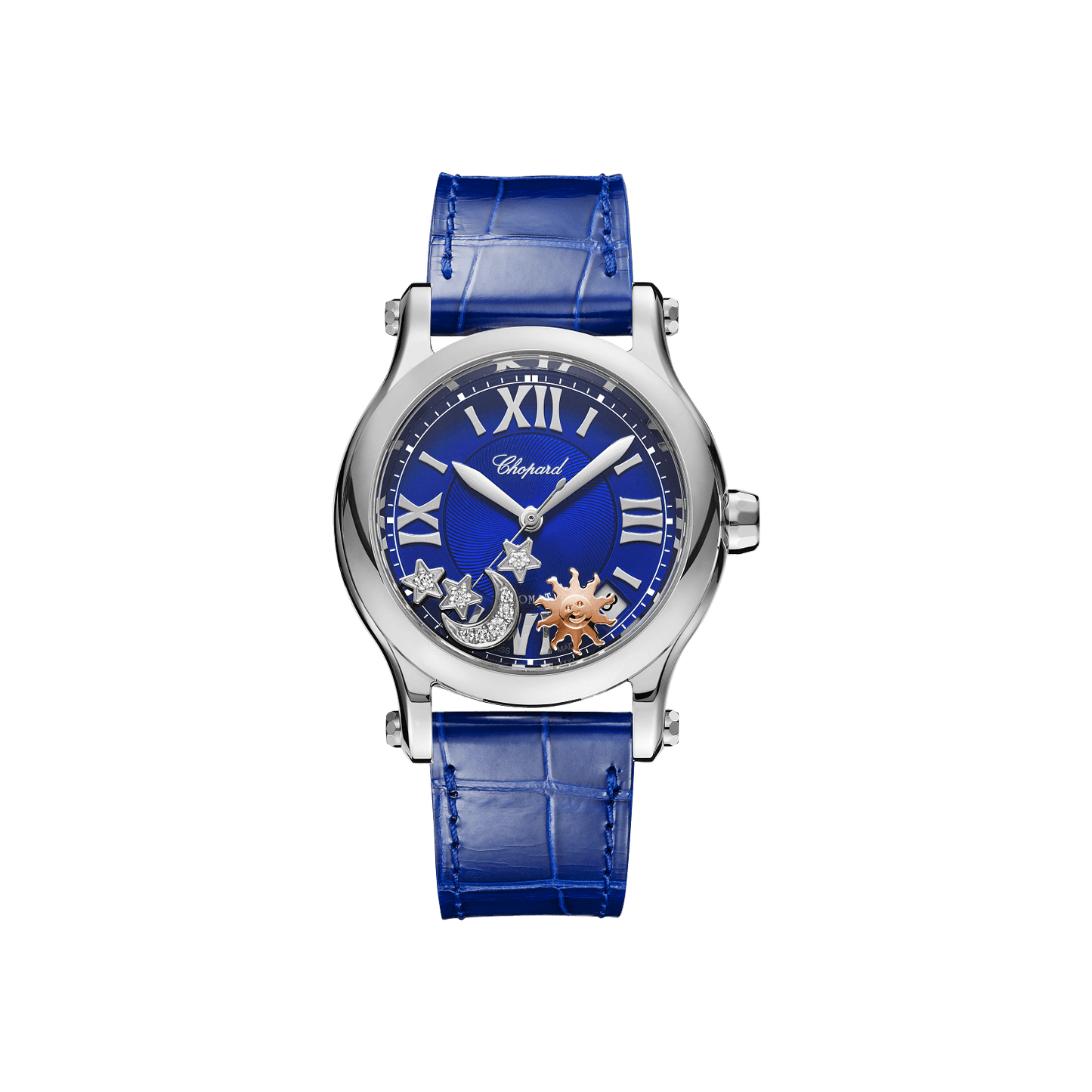 Chopard Happy Sport Sun, Moon and Stars 36 mm Blue Dial Stainless Steel Alligator Leather Strap 278559-3011