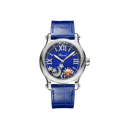 Chopard Happy Sport Sun, Moon and Stars 36 mm Blue Dial Stainless Steel Alligator Leather Strap 278559-3011