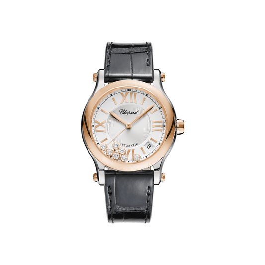 Chopard Happy Sport 36 mm Silver Dial with Diamonds 18K Rose Gold And Stainless Steel Alligator Leather Strap 278559-6001