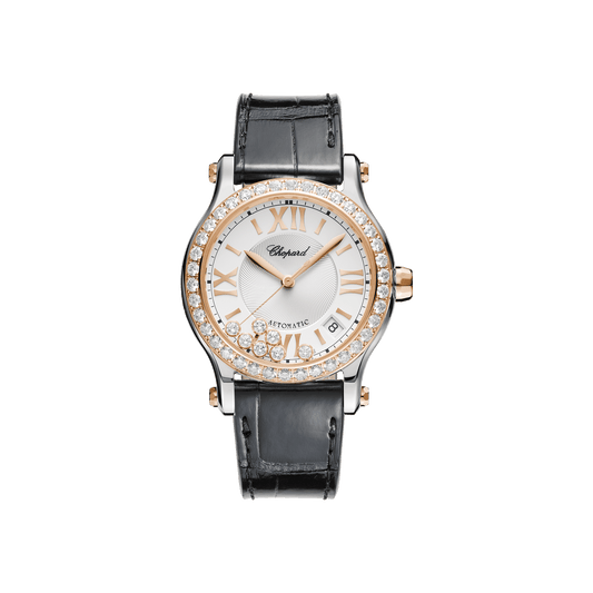 Chopard Happy Sport 36 mm Silver Dial with Diamonds 18K Rose Gold And Stainless Steel Alligator Leather Strap 278559-6003