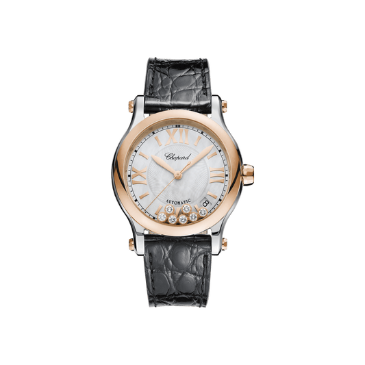 Chopard Happy Sport 36 mm White Mother-Of-Pearl Dial with Diamonds 18K Rose Gold And Stainless Steel Alligator Leather Strap 278559-6008