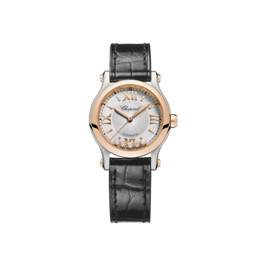 Chopard Happy Sport 30 mm Silver Dial with Diamonds 18K Rose Gold And Stainless Steel Alligator Leather Strap 278573-6013