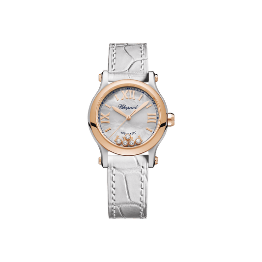 Chopard Happy Sport 30 mm White Mother-Of-Pearl Dial with Diamonds 18K Rose Gold And Stainless Steel Alligator Leather Strap 278573-6018