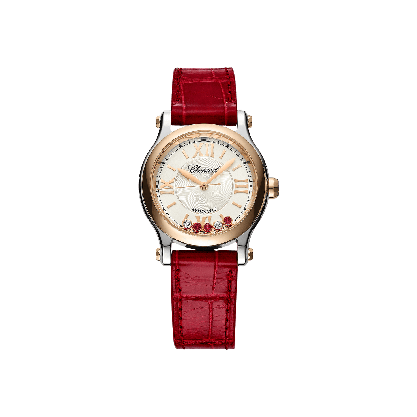 Chopard Happy Sport 30 mm Silver Dial with Diamonds 18K Rose Gold And Stainless Steel Alligator Leather Strap 278573-6026