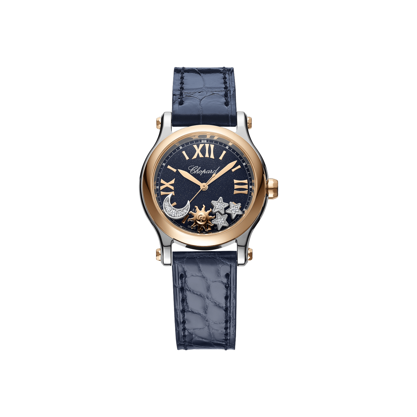 Chopard Happy Sport Sun, Moon and Stars 30 mm Blue Dial with Diamonds 18K Rose Gold And Stainless Steel Alligator Leather Strap 278573-6027