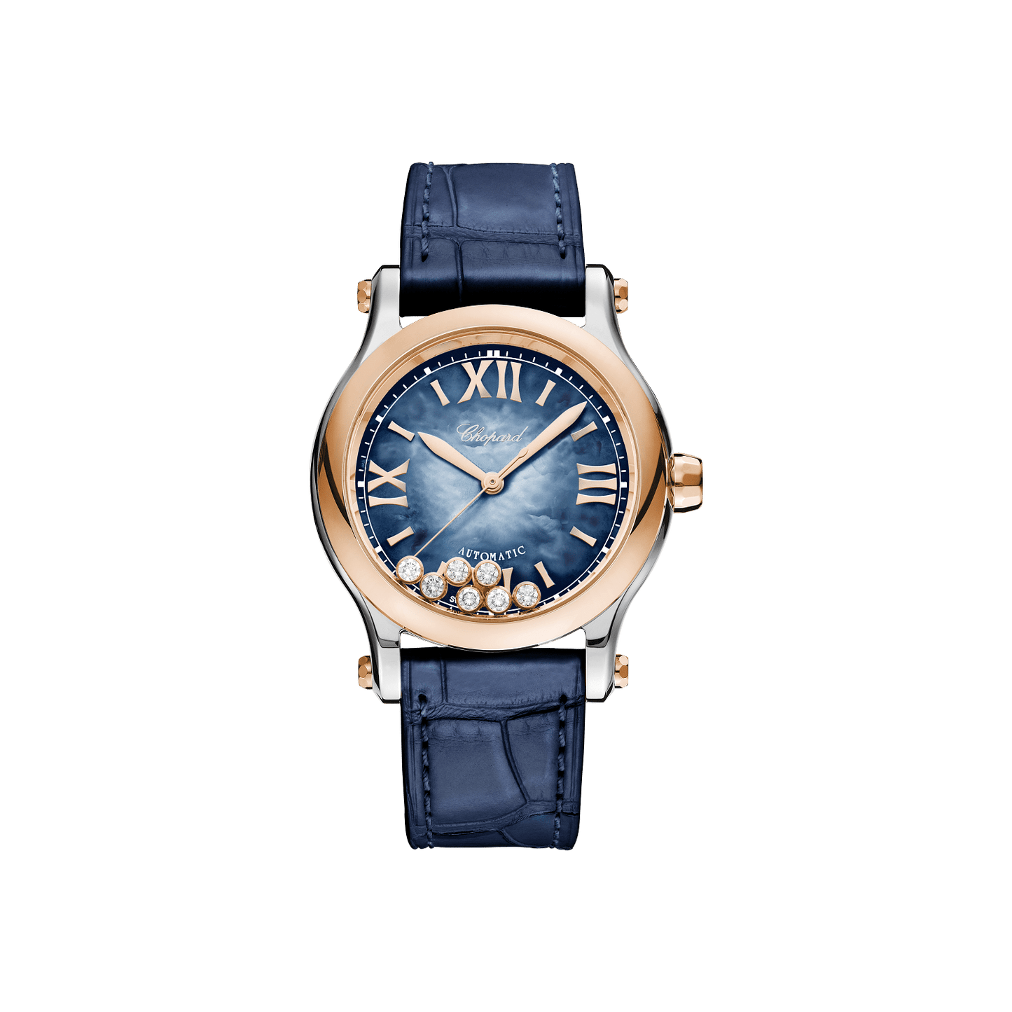 Chopard Happy Sport 36 mm Blue Mother-Of-Pearl Dial with Diamonds 18K Rose Gold And Stainless Steel Alligator Leather Strap 278578-6003