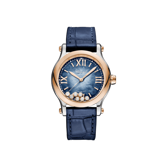 Chopard Happy Sport 36 mm Blue Mother-Of-Pearl Dial with Diamonds 18K Rose Gold And Stainless Steel Alligator Leather Strap 278578-6003