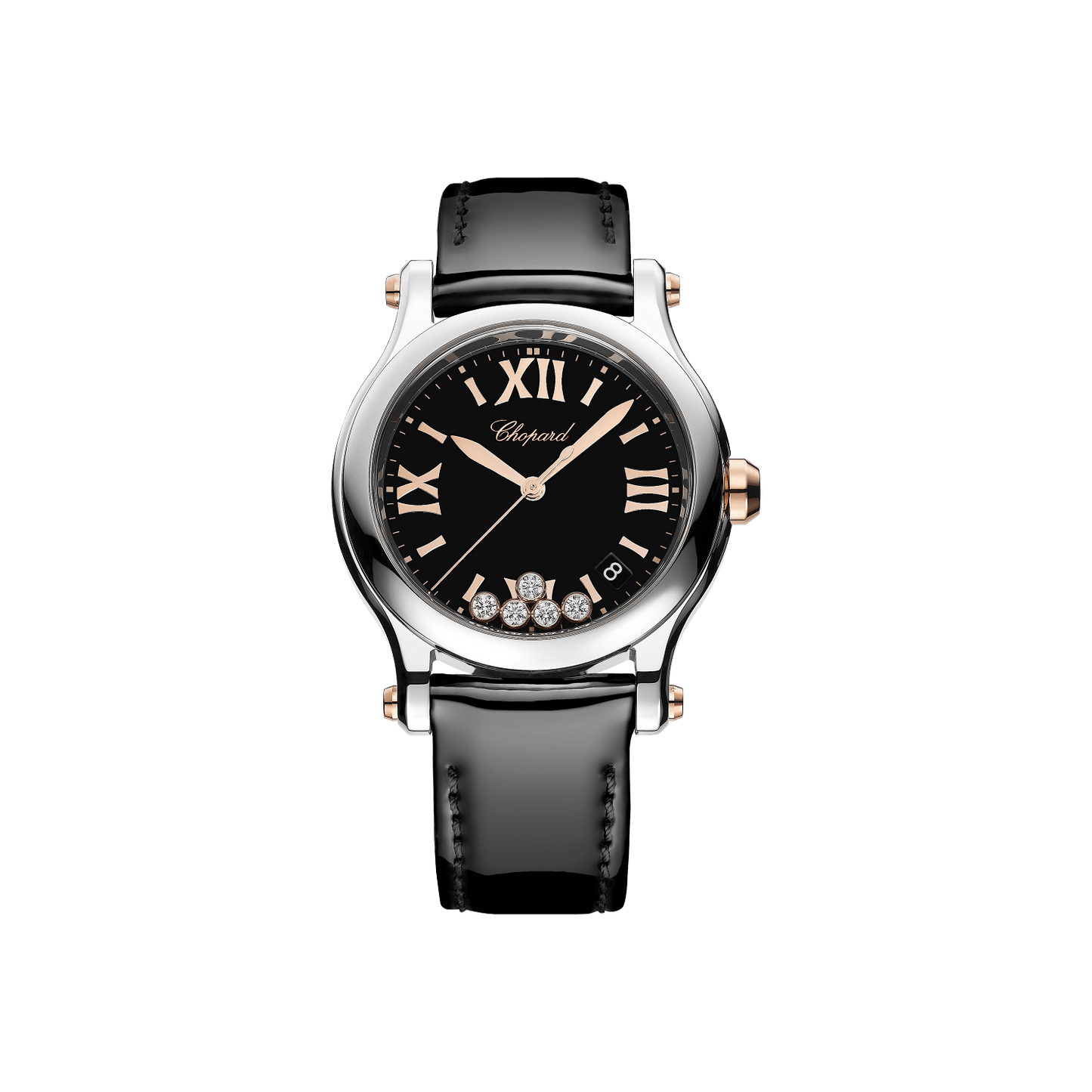 Chopard Happy Sport 36 mm Black Dial with Diamonds 18K Rose Gold And Stainless Steel Calfskin Leather Strap 278582-6014