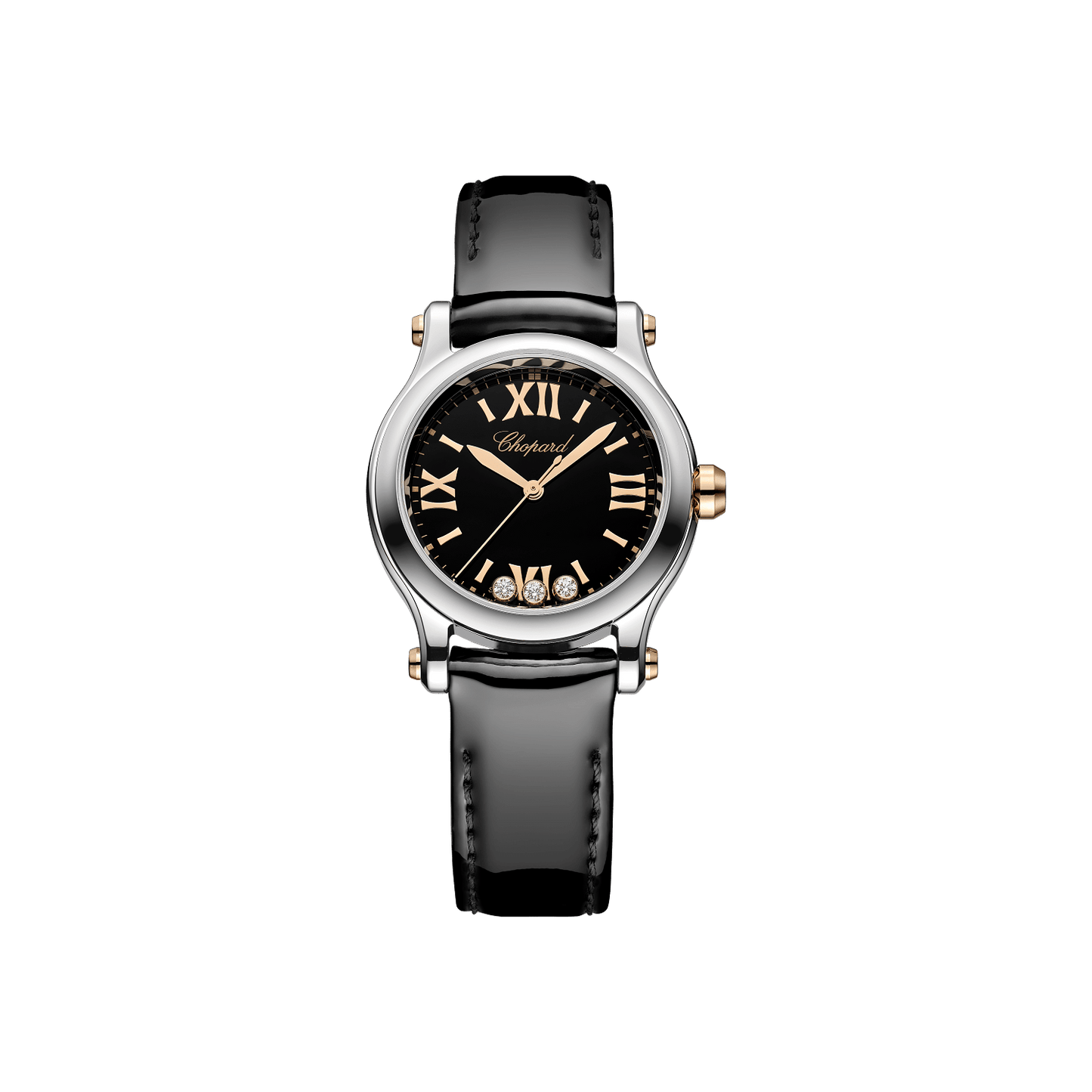 Chopard Happy Sport 30 mm Black Dial with Diamonds 18K Rose Gold And Stainless Steel Calfskin Leather Strap 278590-6015