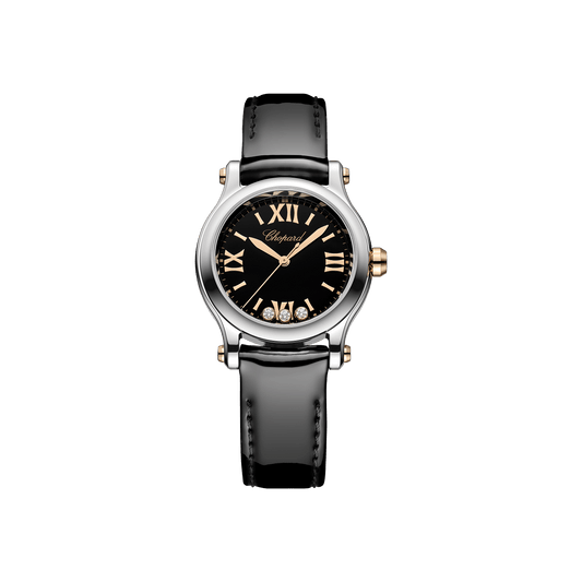 Chopard Happy Sport 30 mm Black Dial with Diamonds 18K Rose Gold And Stainless Steel Calfskin Leather Strap 278590-6015