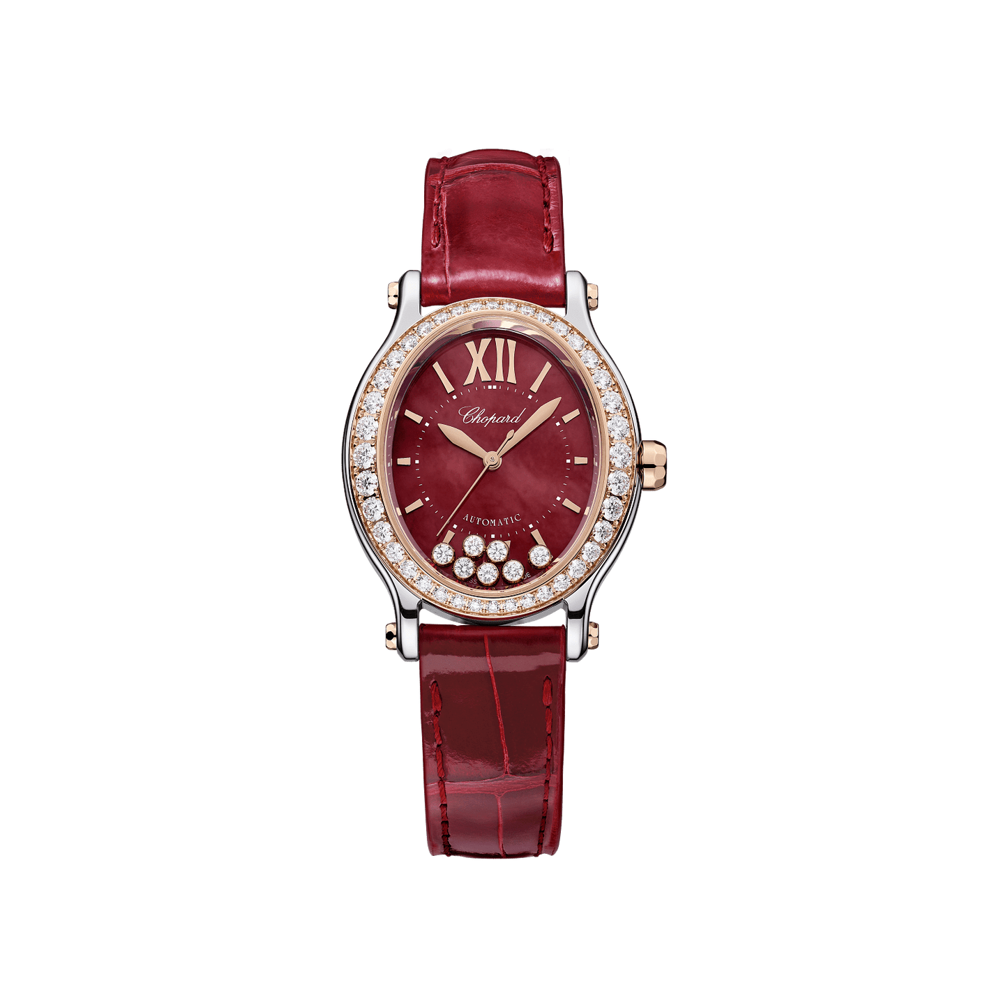 Chopard Happy Sport 29 x 31 mm Red Mother-Of-Pearl Dial with Diamonds 18K Rose Gold And Stainless Steel Alligator Leather Strap 278602-6005