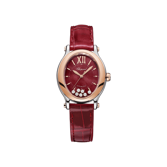 Chopard Happy Sport 29 x 31 mm Red Mother-Of-Pearl Dial with Diamonds 18K Rose Gold And Stainless Steel Alligator Leather Strap 278602-6006