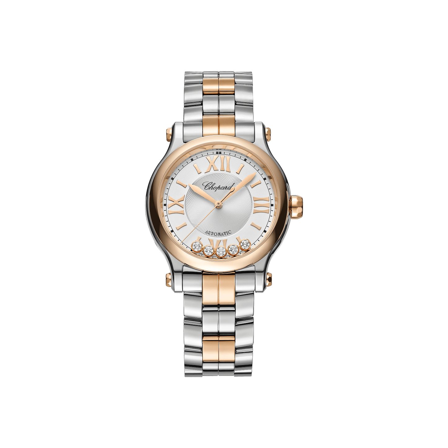 Chopard Happy Sport 33 mm Silver Dial with Diamonds 18K Rose Gold And Stainless Steel Bracelet 278608-6002