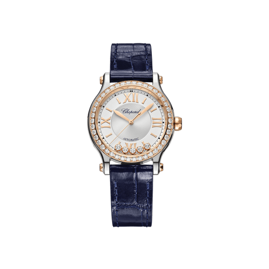 Chopard Happy Sport 33 mm Silver Dial with Diamonds 18K Rose Gold And Stainless Steel Alligator Leather Strap 278608-6003